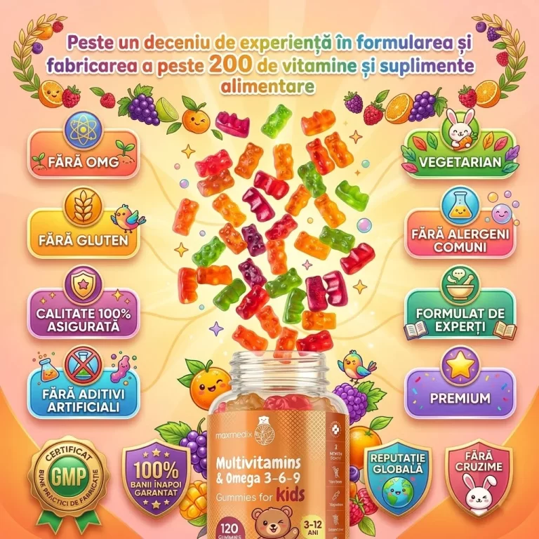 Multivitamine si Omega pentru Copii in forma de jeleuri , 17 Vitamine + Omega 3, 6, 9 | 120 Gummies Fructate | Supliment pentru copii 3–12 ani, supliment pe 2 luni biomed.md chisinau moldova