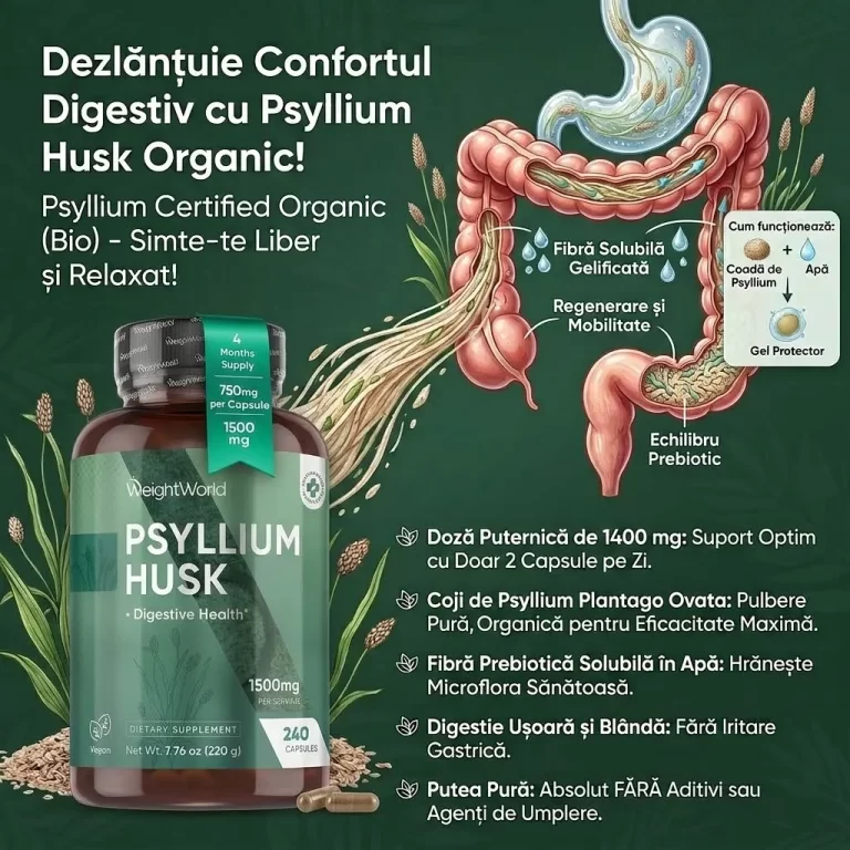 Tarata de Psyllium in Capsule 1400mg , 180 capsule  – Fibre Naturale pentru Digestie, Detoxifiere și Controlul Greutatii biomed.md chisinau moldova