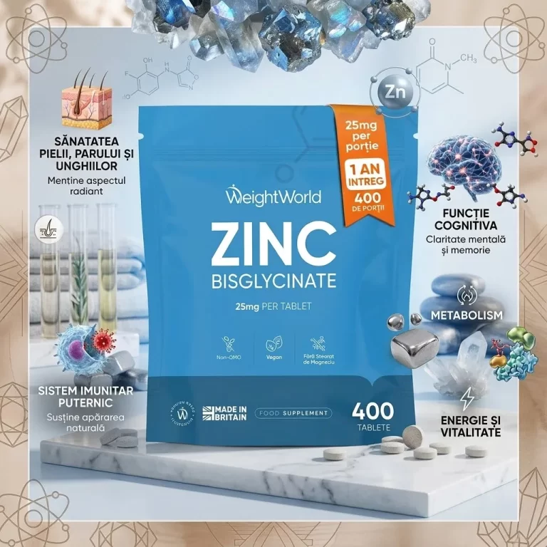 Zinc Bisglicinat 25 mg 400 Tablete Vegane – Absorbție Ridicată pentru Imunitate, Piele, Păr și Unghii biomed.md chisinau moldova
